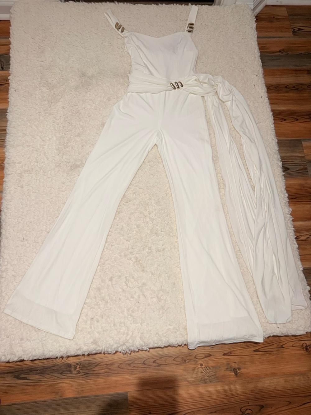 Fashion Nova Ivory Wide-Leg Jumpsuit with Buckle Accents